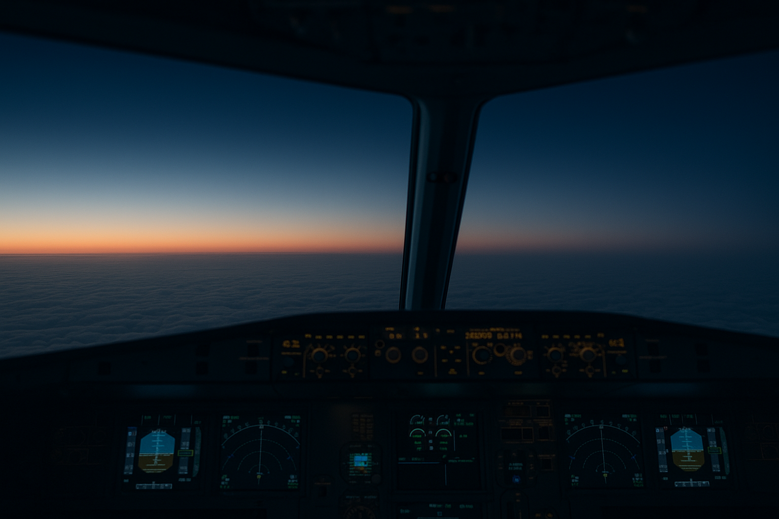 View from an airliner cockpit at dusk, above the clouds