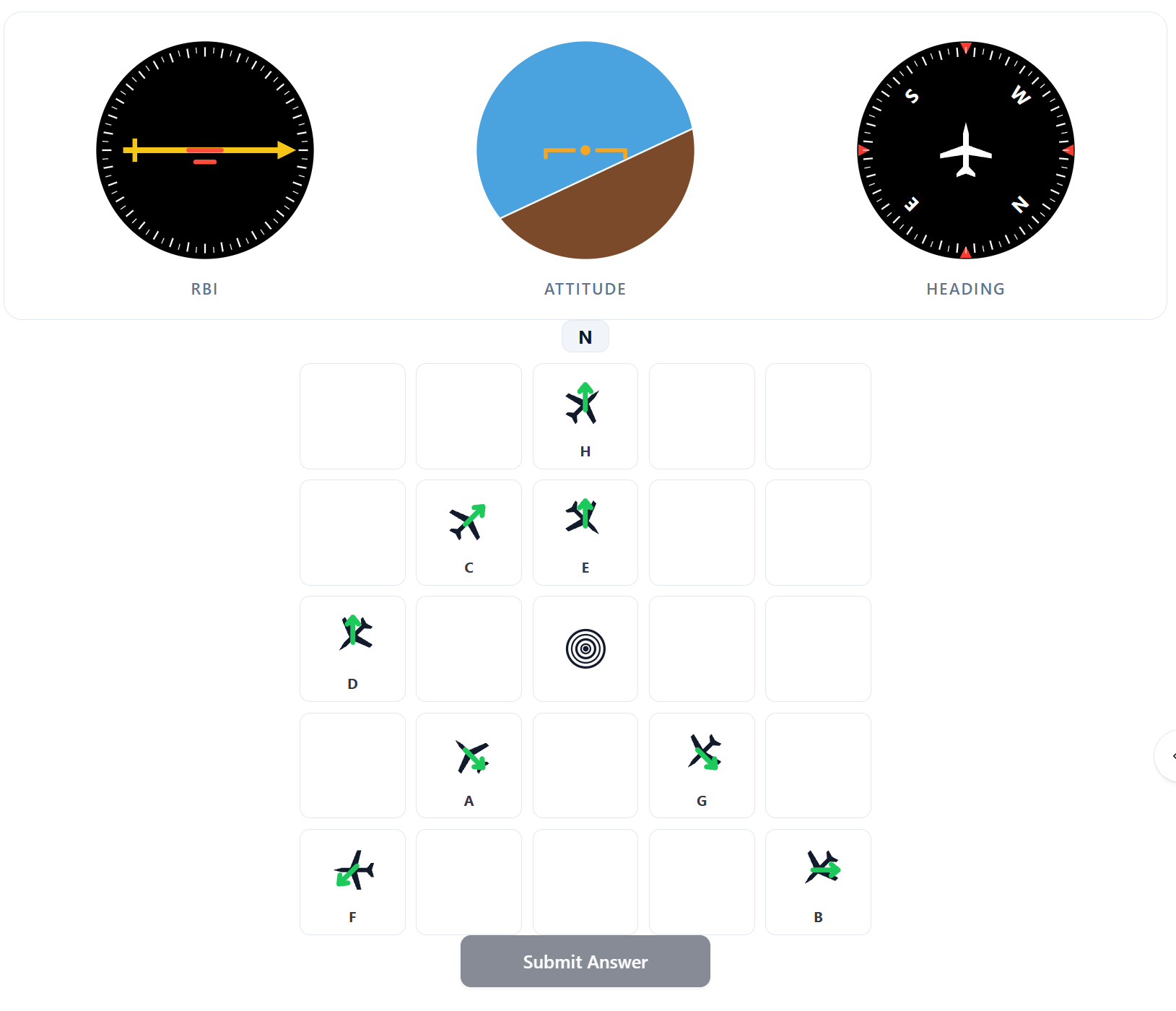 COMPASS Spatial Orientation test showing the RBI, Attitude and Heading instruments above a grid of airplane icons