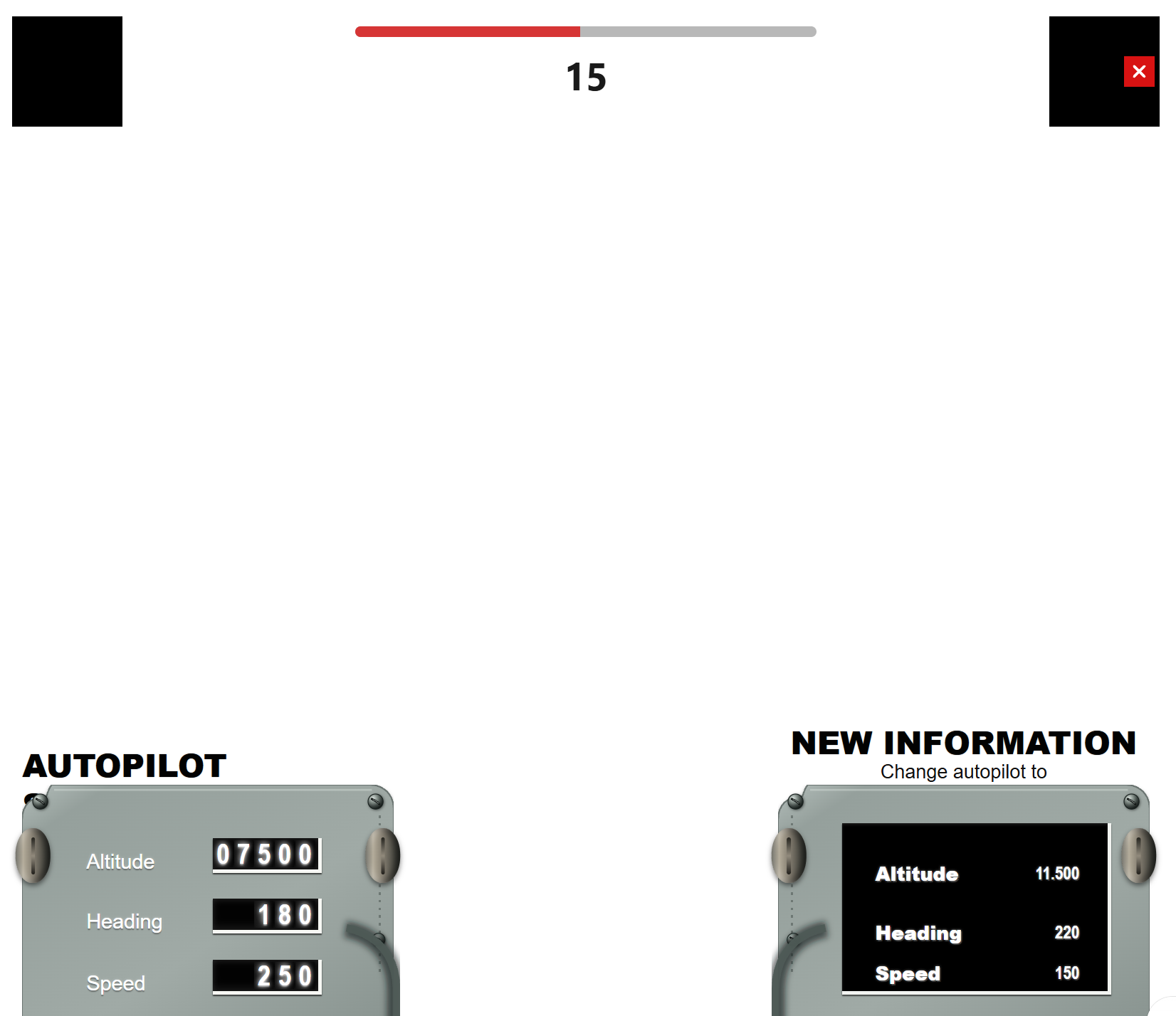 COMPASS Task Manager test showing the autopilot panel and new information to enter, with a red alert button