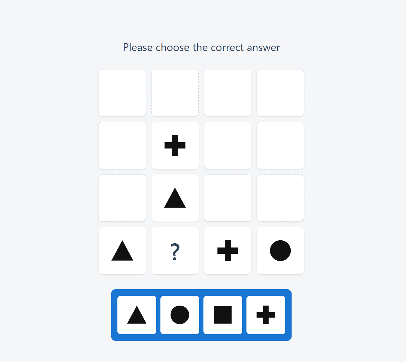 Cut-e Deductive-Logical Thinking (gapChallenge) test showing a sequence with a gap to fill using the correct rule