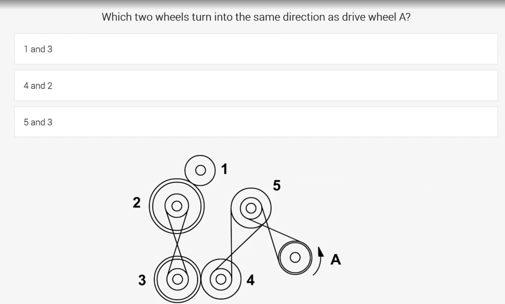 Cut-e Mechanical Reasoning (scales mtu) test showing a mechanical diagram with multiple-choice questions